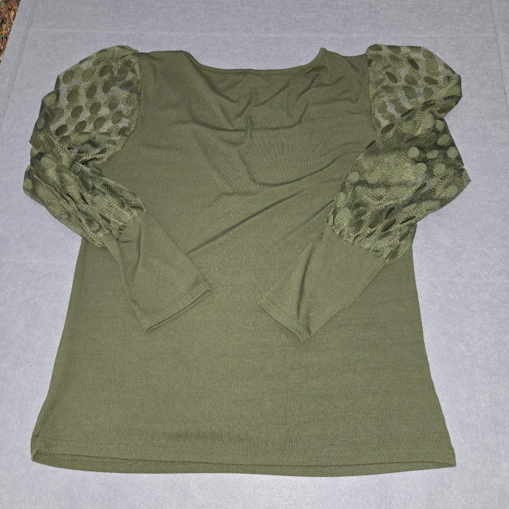 New Qearal XL Semi-sheer Dot Long-sleeve Olive Green Pullover Stretchy Blouse